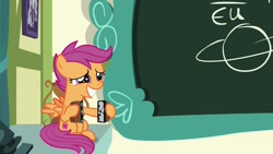 Size: 1920x1080 | Tagged: safe, screencap, character:scootaloo, species:pegasus, species:pony, episode:the last crusade, g4, my little pony: friendship is magic, chalkboard, eraser, grin, nervous, nervous grin, planet, school, sheepish grin, smiling, solo