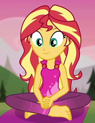Size: 369x478 | Tagged: safe, screencap, character:sunset shimmer, episode:wake up!, g4, my little pony:equestria girls, barefoot, cropped, cute, feet, female, shimmerbetes, solo, wake up!: rainbow dash, yoga, yoga mat
