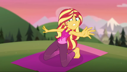 Size: 1280x720 | Tagged: safe, screencap, character:sunset shimmer, episode:wake up!, g4, my little pony:equestria girls, barefoot, clothing, feet, pants, reaching out, solo, wake up!: rainbow dash, yoga, yoga mat, yoga pants