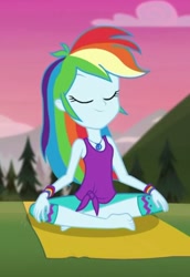Size: 455x660 | Tagged: safe, screencap, character:rainbow dash, episode:wake up!, g4, my little pony:equestria girls, clothing, cropped, feet, geode of super speed, magical geodes, meditation, pants, solo, wake up!: rainbow dash, yoga, yoga mat, yoga pants