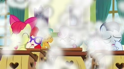 Size: 1920x1080 | Tagged: safe, screencap, character:apple bloom, character:shady daze, character:silver spoon, character:snails, character:snips, character:sweetie belle, character:twist, species:earth pony, species:pegasus, species:pony, species:unicorn, episode:the last crusade, g4, my little pony: friendship is magic, classroom, colt, coughing, desk, dust, dust cloud, female, male, ponyville schoolhouse, window