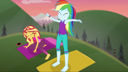 Size: 1280x720 | Tagged: safe, screencap, character:rainbow dash, character:sunset shimmer, episode:wake up!, g4, my little pony:equestria girls, barefoot, cellphone, clothing, feet, geode of super speed, magical geodes, pants, phone, smartphone, wake up!: rainbow dash, yoga, yoga mat, yoga pants