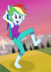Size: 507x715 | Tagged: safe, screencap, character:rainbow dash, episode:wake up!, g4, my little pony:equestria girls, barefoot, clothing, cropped, feet, geode of super speed, magical geodes, pants, solo, wake up!: rainbow dash, yoga, yoga mat, yoga pants
