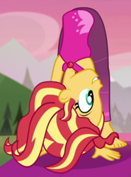 Size: 468x632 | Tagged: safe, screencap, character:sunset shimmer, episode:wake up!, g4, my little pony:equestria girls, barefoot, bend over, cropped, feet, female, flexible, solo, wake up!: rainbow dash, yoga, yoga mat