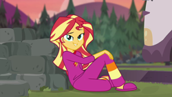 Size: 1280x720 | Tagged: safe, screencap, character:sunset shimmer, episode:wake up!, g4, my little pony:equestria girls, adorasexy, clothing, cute, female, fire pit, grass, looking at you, outdoors, pajamas, rv, sexy, shimmerbetes, sitting, slippers, smiling, solo, stone blocks, tree, wake up!: applejack