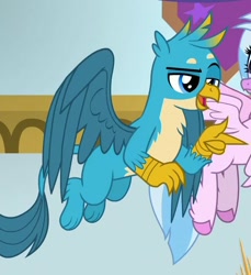 Size: 558x610 | Tagged: safe, screencap, character:gallus, character:silverstream, species:griffon, species:hippogriff, episode:she's all yak, g4, my little pony: friendship is magic, claws, cropped, male, offscreen character, paws, wings
