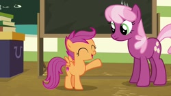 Size: 1920x1080 | Tagged: safe, screencap, character:cheerilee, character:scootaloo, species:earth pony, species:pegasus, species:pony, episode:the last crusade, g4, my little pony: friendship is magic, chalkboard, cutie mark, female, filly, the cmc's cutie marks