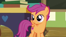 Size: 1920x1080 | Tagged: safe, screencap, character:scootaloo, species:pegasus, species:pony, episode:the last crusade, g4, my little pony: friendship is magic, book, chalkboard, cutie mark, female, filly, solo, the cmc's cutie marks