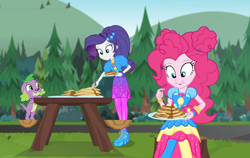 Size: 1704x1080 | Tagged: safe, screencap, character:pinkie pie, character:rarity, character:spike, character:spike (dog), species:dog, episode:wake up!, g4, my little pony:equestria girls, breakfast, butter, clothing, cropped, cute, diapinkes, female, food, geode of shielding, geode of sugar bombs, high heels, magical geodes, male, mountain, mountain range, outdoors, pancakes, pantyhose, picnic table, shoes, syrup, table, wake up!: applejack