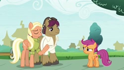 Size: 1920x1080 | Tagged: safe, screencap, character:mane allgood, character:scootaloo, character:snap shutter, species:earth pony, species:pegasus, species:pony, episode:the last crusade, g4, my little pony: friendship is magic, clothing, cutie mark, family reunion, female, filly, outdoors, raised hoof, the cmc's cutie marks, unshorn fetlocks