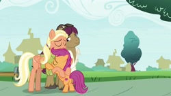 Size: 1920x1080 | Tagged: safe, screencap, character:mane allgood, character:scootaloo, character:snap shutter, species:earth pony, species:pegasus, species:pony, episode:the last crusade, g4, my little pony: friendship is magic, cutie mark, female, filly, hug, male, the cmc's cutie marks, unshorn fetlocks