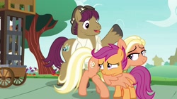 Size: 1920x1080 | Tagged: safe, screencap, character:mane allgood, character:scootaloo, character:snap shutter, species:earth pony, species:pegasus, species:pony, episode:the last crusade, g4, my little pony: friendship is magic, bugbear, family, female, filly, foal, hug, it happened, male, mare, scootaloo's parents, stallion, trio, winghug
