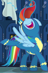 Size: 428x646 | Tagged: safe, screencap, character:rainbow dash, species:pegasus, species:pony, episode:newbie dash, g4, my little pony: friendship is magic, active stretch, alternate hairstyle, behaving like rarity, clothing, cropped, fabulous, female, locker room, lockers, mane swap, mare, nose in the air, open mouth, rainbow fash, raised leg, smiling, solo focus, towel, uniform, wings, wonderbolts uniform