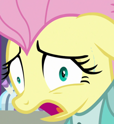 Size: 814x880 | Tagged: safe, screencap, character:fluttershy, species:pegasus, species:pony, episode:fake it 'til you make it, alternate hairstyle, close-up, clothing, cropped, derp, faec, female, floppy ears, mare, open mouth, severeshy, solo, sweat, wide eyes