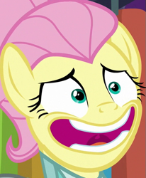 Size: 443x538 | Tagged: safe, screencap, character:fluttershy, species:pegasus, species:pony, episode:fake it 'til you make it, alternate hairstyle, bust, close-up, cropped, faec, female, mare, severeshy, smiling, solo, uvula, wide eyes