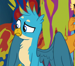 Size: 670x588 | Tagged: safe, screencap, character:gallus, character:smolder, species:griffon, episode:uprooted, g4, my little pony: friendship is magic, cave of harmony, chest fluff, cropped, male, offscreen character, raised eyebrow, solo focus, spread wings, wings