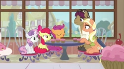 Size: 1920x1080 | Tagged: safe, screencap, character:apple bloom, character:mane allgood, character:scootaloo, character:snap shutter, character:sweetie belle, species:pegasus, species:pony, episode:the last crusade, g4, my little pony: friendship is magic, clothing, cupcake, cutie mark crusaders, female, food, male, shirt
