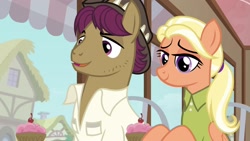 Size: 1920x1080 | Tagged: safe, screencap, character:mane allgood, character:snap shutter, species:earth pony, species:pegasus, species:pony, episode:the last crusade, g4, my little pony: friendship is magic, clothing, cupcake, female, food, shirt