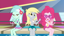 Size: 1920x1080 | Tagged: safe, screencap, character:derpy hooves, character:lyra heartstrings, character:pinkie pie, episode:i'm on a yacht, g4, my little pony:equestria girls, bedroom eyes, bikini, clothing, female, looking at you, one-piece swimsuit, swimsuit, update