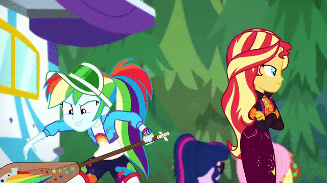Size: 640x360 | Tagged: safe, screencap, character:fluttershy, character:rainbow dash, character:sunset shimmer, character:twilight sparkle, character:twilight sparkle (scitwi), species:eqg human, equestria girls:sunset's backstage pass, g4, my little pony:equestria girls, accidental spanking, animated, duo, duo female, female, gif, music festival outfit, out of context, paddle, rainbow dash's paddle, rv, spanking, you know for kids