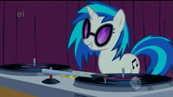 Size: 637x357 | Tagged: safe, screencap, character:dj pon-3, character:vinyl scratch, species:pony, species:unicorn, episode:suited for success, g4, my little pony: friendship is magic, ei, hub logo, hubble, solo, the hub