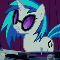 Size: 200x200 | Tagged: safe, screencap, character:dj pon-3, character:vinyl scratch, species:pony, species:unicorn, episode:suited for success, g4, my little pony: friendship is magic, animated, cropped, gif, hub logo, hubble, loop, solo, the hub