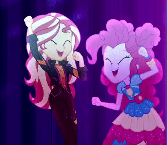 Size: 556x480 | Tagged: safe, screencap, character:pinkie pie, character:sunset shimmer, equestria girls:sunset's backstage pass, g4, my little pony:equestria girls, animated, cropped, cute, dancing, diapinkes, duo, duo female, female, geode of empathy, geode of sugar bombs, gif, happy, magical geodes, music festival outfit, shimmerbetes, smiling