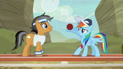 Size: 1280x720 | Tagged: safe, screencap, character:quibble pants, character:rainbow dash, species:earth pony, species:pegasus, species:pony, episode:common ground, g4, my little pony: friendship is magic, armband, buckball, cap, clothing, hat, headband, whistle, whistle necklace