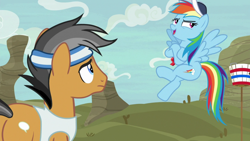 Size: 1920x1080 | Tagged: safe, screencap, character:quibble pants, character:rainbow dash, species:earth pony, species:pegasus, species:pony, episode:common ground, g4, my little pony: friendship is magic, armband, cap, clothing, duo, hat, headband, whistle, whistle necklace