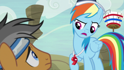 Size: 1920x1080 | Tagged: safe, screencap, character:quibble pants, character:rainbow dash, species:earth pony, species:pegasus, species:pony, episode:common ground, g4, my little pony: friendship is magic, basket, buckbasket, bushel basket, duo, female, headband, looking down, male, mare, raised eyebrow, raised hoof, stallion, whistle, whistle necklace