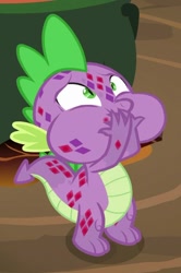 Size: 441x665 | Tagged: safe, screencap, character:spike, species:dragon, episode:molt down, g4, my little pony: friendship is magic, claws, cropped, male, molting, solo, tail
