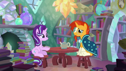 Size: 1024x576 | Tagged: safe, screencap, character:starlight glimmer, character:sunburst, species:pony, episode:the crystalling, g4, my little pony: friendship is magic, book, sitting, sunburst's house, table, teapot