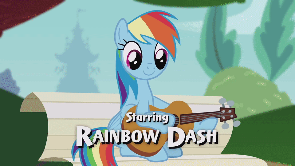 Size: 960x540 | Tagged: safe, screencap, character:rainbow dash, species:pegasus, species:pony, animated, bench, cropped, fake screencap, female, foal house, full house, gif, guitar, mare, official content, rainbow dash sure loves guitar, reference, sitting, solo, text, that pony sure does love playing the guitar, tree