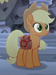 Size: 665x898 | Tagged: safe, screencap, character:applejack, species:earth pony, species:pony, friendship is magic: rainbow roadtrip, g4, my little pony: friendship is magic, applejack's hat, clothing, cowboy hat, cropped, cute, female, hat, hooves, jackabetes, mare, saddle bag, solo