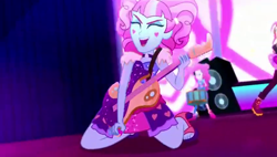 Size: 848x480 | Tagged: safe, screencap, character:kiwi lollipop, character:pinkie pie, character:sunset shimmer, equestria girls:sunset's backstage pass, g4, my little pony:equestria girls, concert, drum kit, drums, electric guitar, feet, guitar, k-lo, kiwi lollipop, musical instrument, power slide, sandals, toes