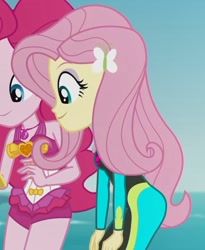 Size: 2100x2555 | Tagged: safe, screencap, character:fluttershy, character:pinkie pie, episode:unsolved selfie mysteries, g4, my little pony:equestria girls, beach, clothing, cropped, duo, flutterbutt, swimsuit, wetsuit