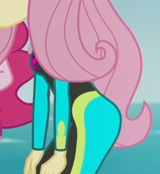 Size: 2100x2289 | Tagged: safe, screencap, character:fluttershy, character:pinkie pie, episode:unsolved selfie mysteries, g4, my little pony:equestria girls, ass, butt, clothing, cropped, female, flutterbutt, swimsuit, wetsuit