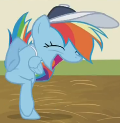 Size: 372x380 | Tagged: safe, screencap, character:rainbow dash, species:pegasus, species:pony, episode:flight to the finish, g4, my little pony: friendship is magic, abomination, close-up, clothing, cropped, eyes closed, female, great moments in animation, happy, hat, mare, open mouth, smear frame, smiling, solo, wat, whistle