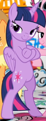 Size: 281x735 | Tagged: safe, official, screencap, character:applejack, character:pinkie pie, character:twilight sparkle, character:twilight sparkle (alicorn), species:alicorn, species:earth pony, species:pony, badass, bipedal, cool, cropped, crossed hooves, female, fresh princess and friends' poses, fresh princess of friendship, graffiti, hasbro, lidded eyes, looking at you, mare, parody, pose, smiling, smug, smuglight sparkle, solo focus, swag, teaser, the fresh prince of bel-air