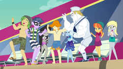 Size: 1280x720 | Tagged: safe, screencap, character:bulk biceps, character:derpy hooves, character:microchips, character:octavia melody, character:sandalwood, character:trixie, episode:i'm on a yacht, g4, my little pony:equestria girls, armpits, background human, bikini, clothing, dancing, feet, female, glasses, legs, male, male feet, orange sunrise, sandals, sarong, shorts, smiling, swimming trunks, swimsuit, valhallen