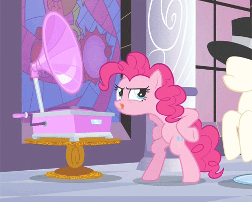 Size: 500x400 | Tagged: safe, screencap, character:pinkie pie, species:earth pony, species:pony, episode:a canterlot wedding, g4, my little pony: friendship is magic, animated, bipedal, blep, chicken dance, clothing, cropped, female, hat, mannequin, mare, perfect loop, phonograph, solo, stained glass, tongue out, top hat