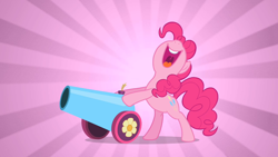 Size: 1280x720 | Tagged: safe, screencap, character:pinkie pie, species:earth pony, species:pony, episode:sweet and elite, g4, my little pony: friendship is magic, female, happy, mare, party cannon, smiling, solo, sunburst background, wide grin