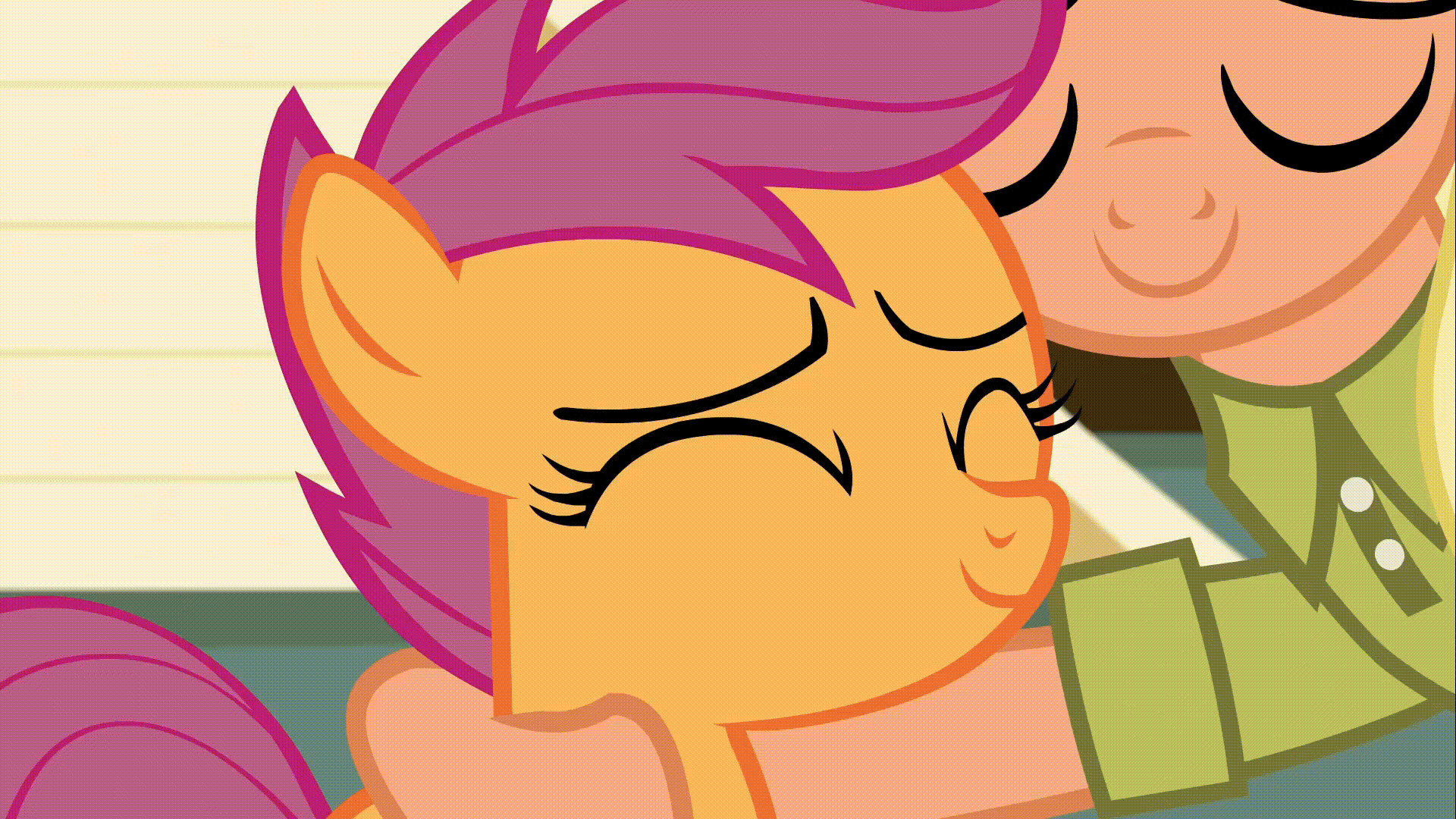Size: 1920x1080 | Tagged: safe, screencap, character:mane allgood, character:scootaloo, character:snap shutter, species:pegasus, species:pony, episode:the last crusade, g4, my little pony: friendship is magic, animated, clothing, female, gif, hat, hug, like mother like daughter, mother and daughter, scootalove
