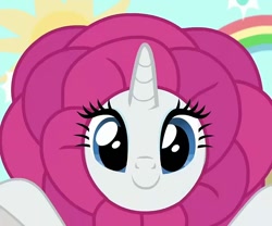 Size: 866x720 | Tagged: safe, screencap, character:rarity, species:pony, species:unicorn, episode:forever filly, g4, my little pony: friendship is magic, clothing, cosplay, costume, cropped, cute, female, flower, flower costume, flowerity, happy, looking at you, mare, rainbow, raribetes, smiling, solo, sun