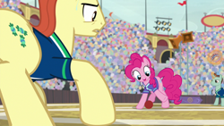 Size: 1280x720 | Tagged: safe, screencap, character:buzzsaw blitz, character:pinkie pie, character:sweet strike, species:earth pony, species:pony, episode:common ground, g4, my little pony: friendship is magic, background pony