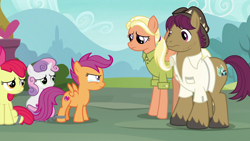 Size: 1920x1080 | Tagged: safe, screencap, character:apple bloom, character:mane allgood, character:scootaloo, character:snap shutter, character:sweetie belle, species:earth pony, species:pegasus, species:pony, species:unicorn, episode:the last crusade, g4, my little pony: friendship is magic, clothing, cutie mark, cutie mark crusaders, female, filly, foal, hat, male, mare, shackles, shirt, stallion, the cmc's cutie marks