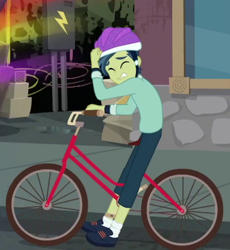 Size: 430x468 | Tagged: safe, screencap, episode:run to break free, g4, my little pony:equestria girls, background human, bike helmet, clothing, cropped, eyes closed, helmet, legs, male, mile hill, pants, shoes, socks, solo