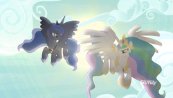 Size: 1811x1019 | Tagged: safe, screencap, character:princess celestia, character:princess luna, species:alicorn, species:pony, episode:between dark and dawn, g4, my little pony: friendship is magic, backlighting, cloud, crown, discovery family logo, ethereal mane, female, flying, galaxy mane, hoof shoes, jewelry, mare, peytral, regalia, royal sisters, sky, spread wings, wings