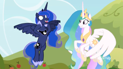 Size: 1811x1019 | Tagged: safe, screencap, character:princess celestia, character:princess luna, species:alicorn, species:pony, episode:between dark and dawn, g4, my little pony: friendship is magic, apple, apple tree, crown, discovery family logo, ethereal mane, female, flying, food, galaxy mane, hoof shoes, jewelry, mare, outdoors, peytral, regalia, royal sisters, siblings, sisters, so awesome, spread wings, tree, wings
