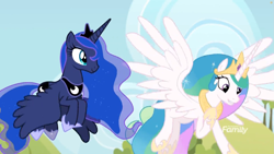 Size: 1811x1019 | Tagged: safe, screencap, character:princess celestia, character:princess luna, species:alicorn, species:pony, episode:between dark and dawn, g4, my little pony: friendship is magic, cloud, crown, cute, cutelestia, discovery family logo, duo, ethereal mane, female, galaxy mane, hoof shoes, jewelry, lunabetes, mare, outdoors, peytral, regalia, royal sisters, siblings, sisters, sky, spread wings, wings
